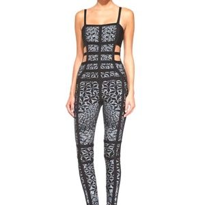 HERVE LEGER "Yuna" black grey Sundial print bondage jumpsuit size small